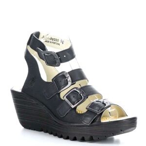 NWT 🪰 FLY London Yorn Leather Buckle Wedge Sandals Verona Black Size 39